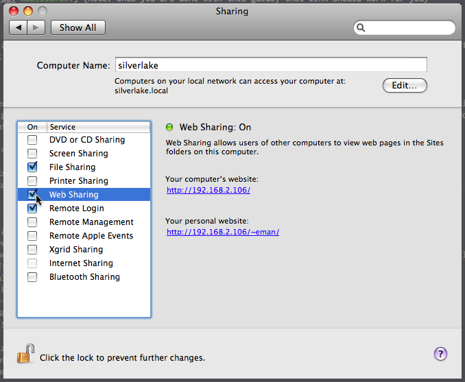 Remember: Turn on Web Sharing to turn on Apache