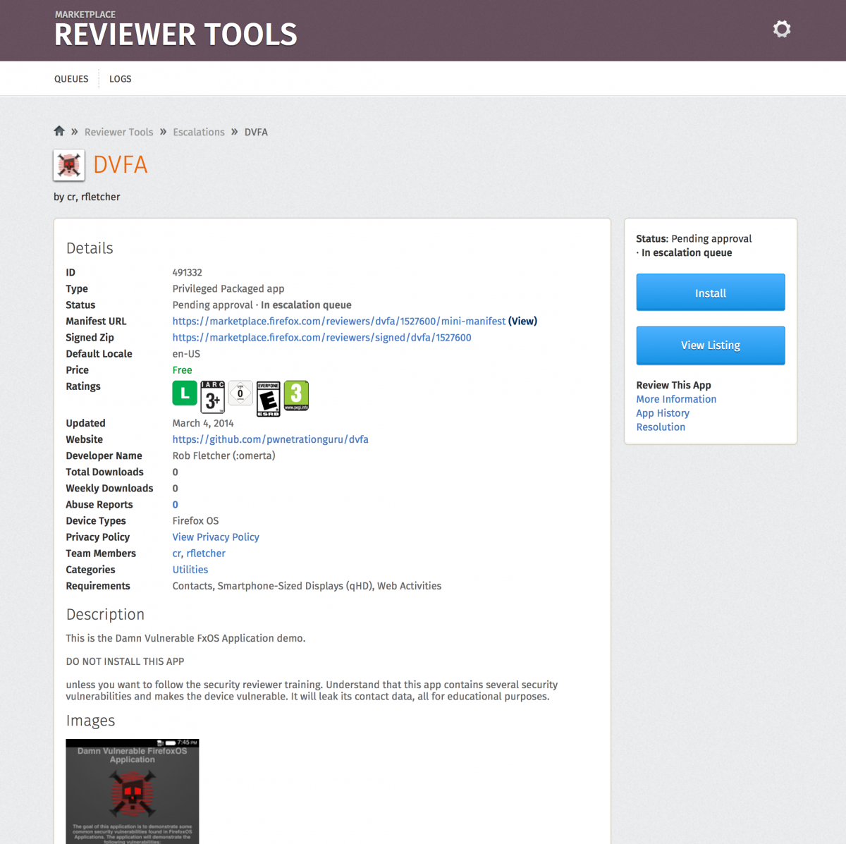 Details of the Damn Vulnerable Firefox OS App as seen in the reviewer backend.