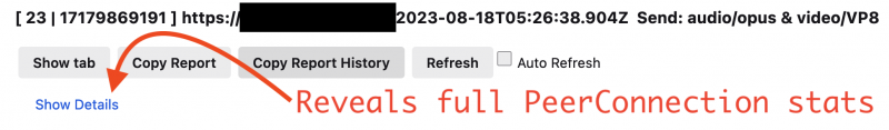 How to reveal the full statistics of a PeerConnection in about:webrtc