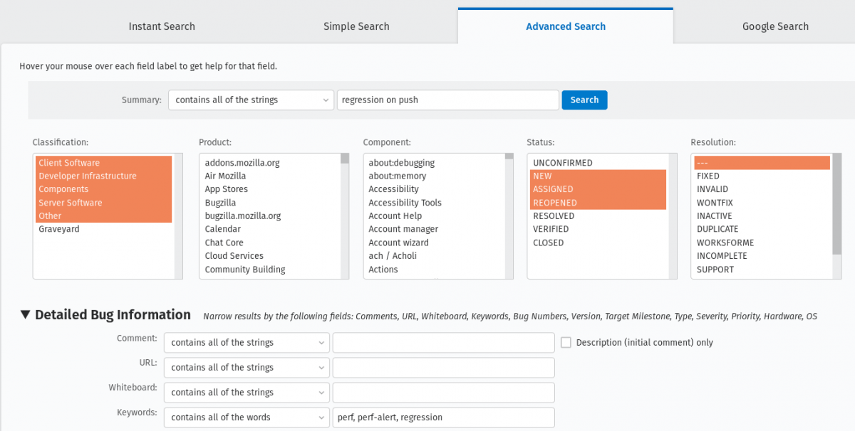 Advanced search for perf regressions